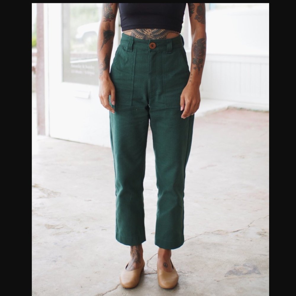 Beaton Linen utility pants in forest denim